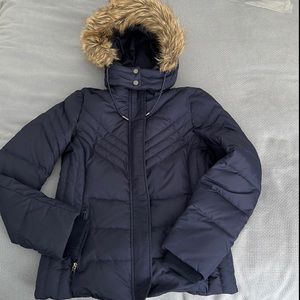 Kenneth Cole Reaction Navy Down Puffer Jacket with Detachable Faux Fur Hood in S